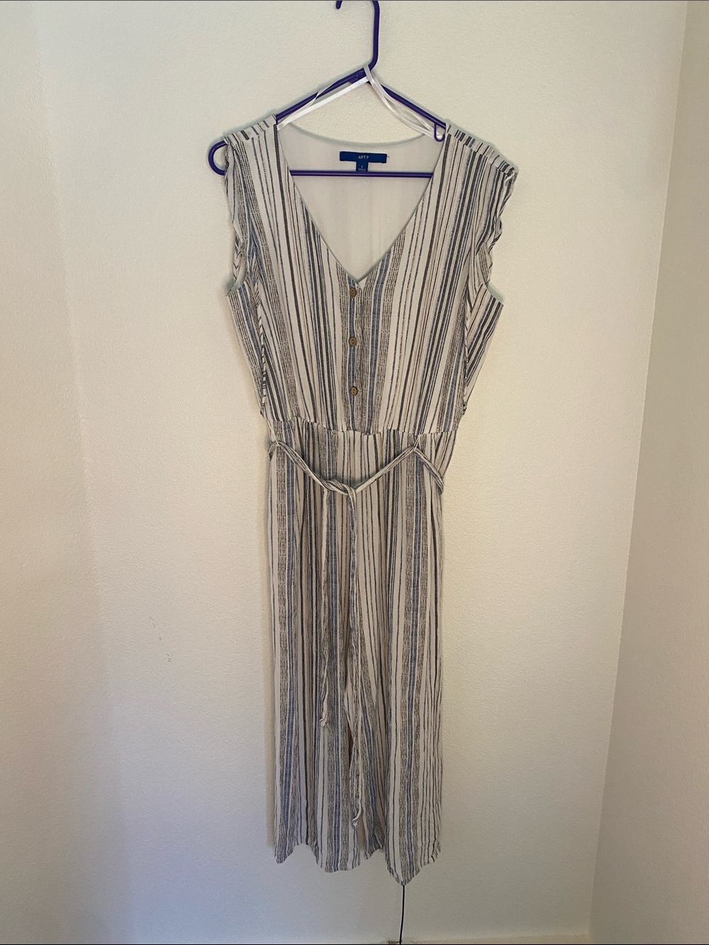 Striped V-Neck Sleeveless Jumpsuit with Tie Waist - Gray/Cream